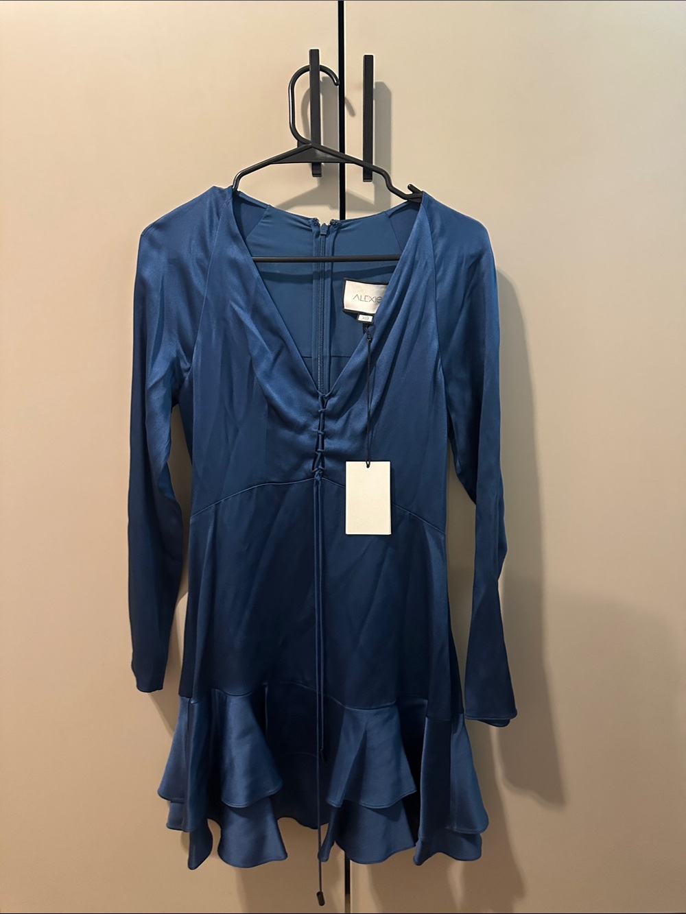 Alexis Hylda Revolve Satin V-Neck Tiered Ruffle Mini Dress - Navy Blue Size XS - Picture 2 of 6